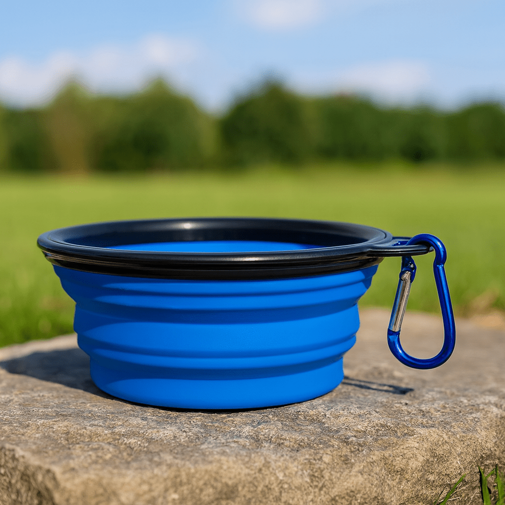 gamelle pour chien pliante bleu mis en valeur sur une pierre. En fond il y a de l'herbe et des arbres verte. Image produit Boutiquechien