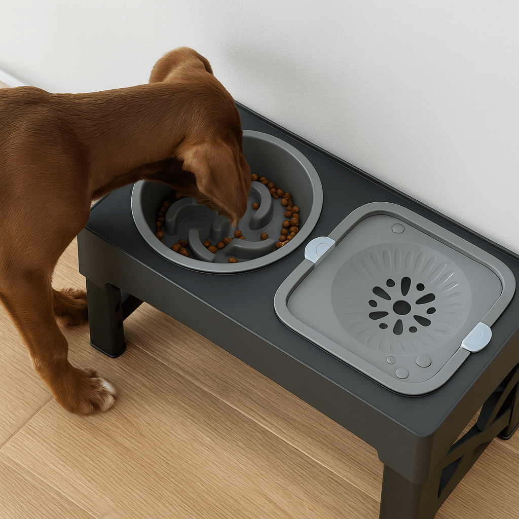 Chien brun mangeant dans la gamelle double pour chien de couleur noir et gris. Image produit Boutiquechien