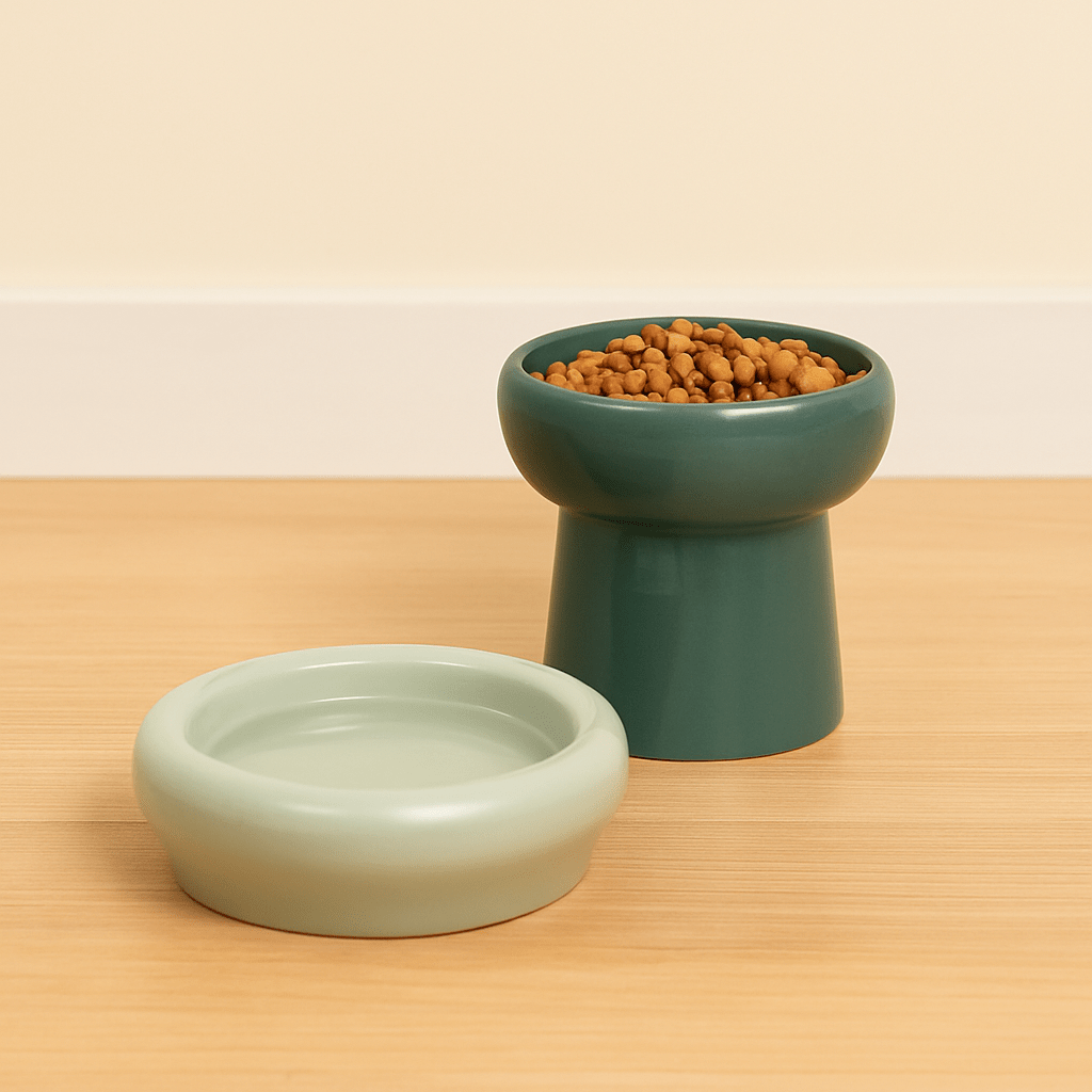gamelle pour chien en céramique de couleur vert claire et vert foncé avec des croquette dans une des gamelle. Les gamelles sont posé sur un sol en bois avec en fond une tapisserie blanche. Image produit Boutiquechien