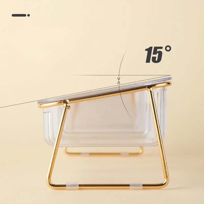 Inclinaison de la gamelle pour chien transparente avec trépied or. Image produit Boutiquechien