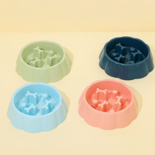 gamelle pour chien anti glouton de couleur différente posé sur un fond orange. Image produit Boutiquechien
