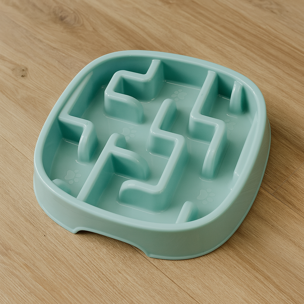 gamelle anti glouton pour chien de couleur bleu posé sur un sol bois de boutiquechien