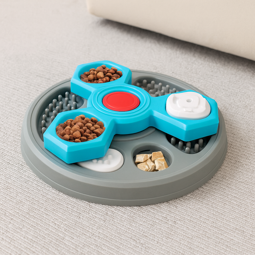 Gamelle pour chien puzzle anti-glouton de couleur bleu et gris. La gamelle est posé sur un tissu claire. Image produit Boutiquechien Image