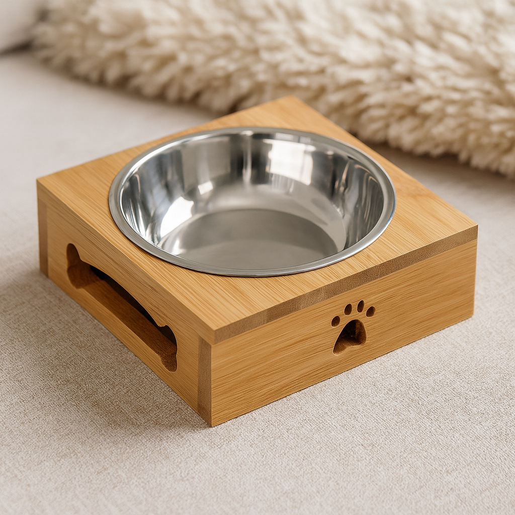 gamelle sur support bois avec forme de pattes et d'os sur un canapé de couleur gris. Image produit Boutiquechien