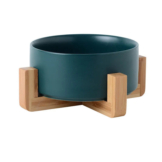 Gamelle en céramique verte foncé pour chien avec support en bois. Image produit Boutiquechien