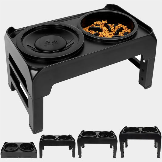 Gamelle anti-glouton noir avec une gamelle d'eau intégré. La gamelle double est réglable. Image produit Boutiquechien