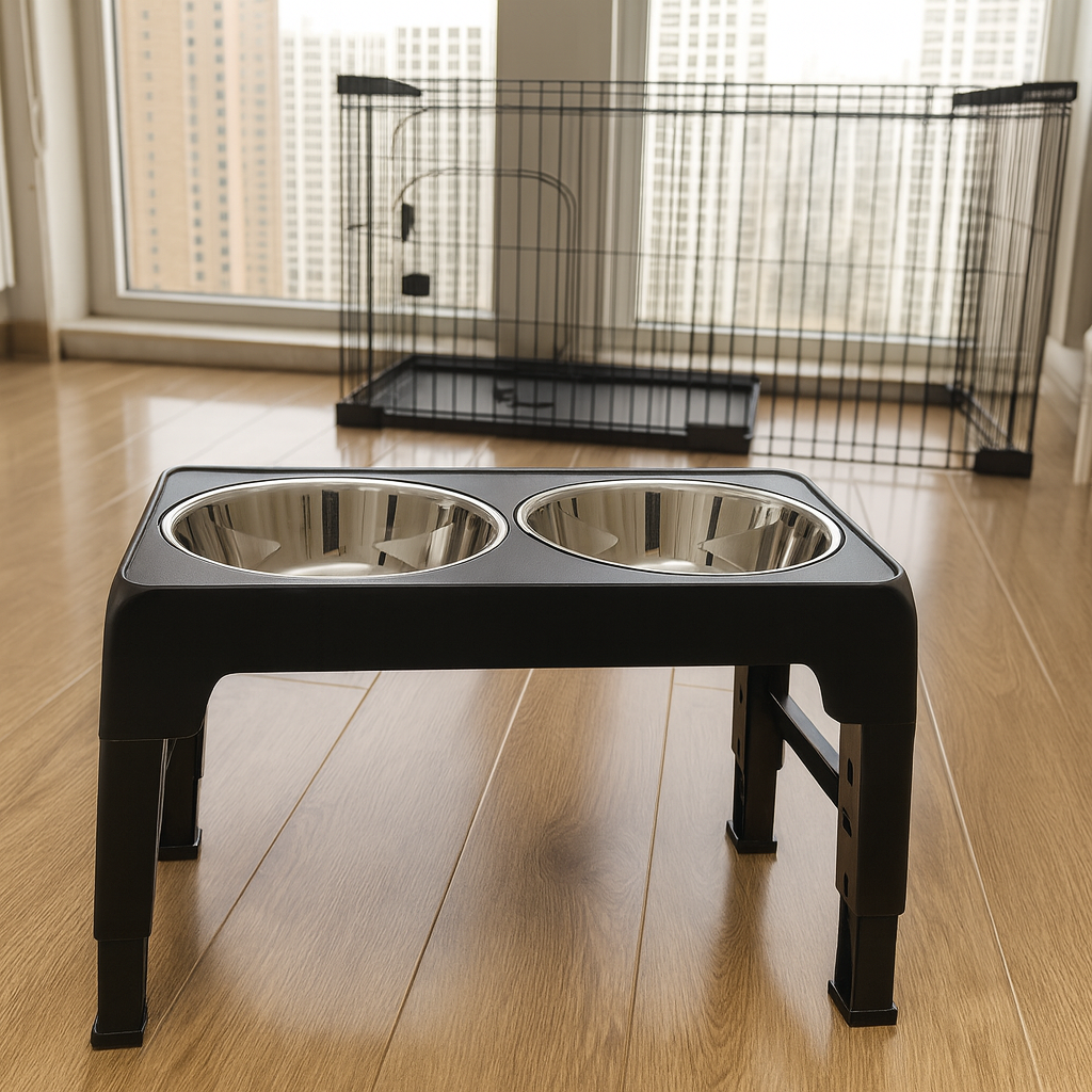 Gamelle chien double noir avec deux gamelle. En fond il y a une cage de couleur noir avec des building. Image produit Boutiquechien
