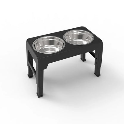 Gamelle double pour chien de couleur noir avec deux gamelle en inox dans un fond blanc. Image produit Boutiquechien