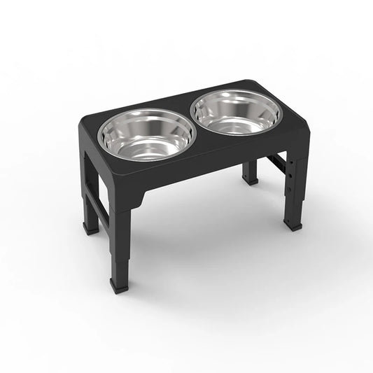 Gamelle double pour chien de couleur noir avec deux gamelle en inox dans un fond blanc. Image produit Boutiquechien