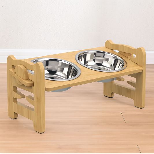 Gamelle double pour chien sur un support bois avec deux gamelles en inox.Image produit Boutiquechien