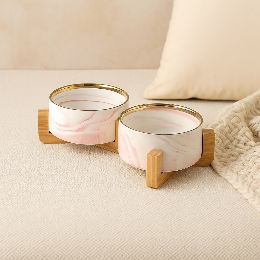 gamelle double chien design de couleur rose avec liserait or sur support bois. Le produit est posé sur un canapé blanc. Image produit Boutiquechien Image