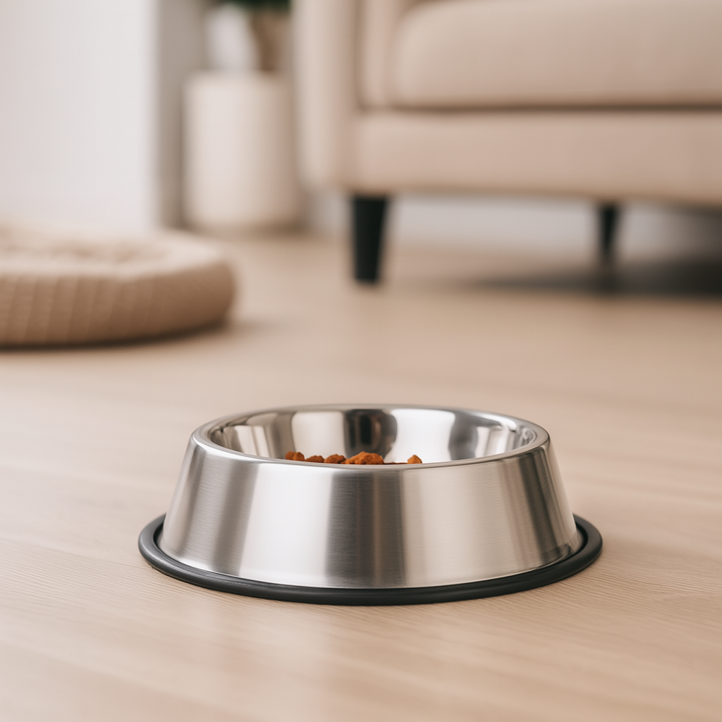 Gamelle en inox pour chien de couleur gris avec dessous anti-dérapant noir. En fond il y a un canapé gris avec des pieds noir. Il y a un panier claire et une plante verte en fond. Image produit Boutiquechien Image