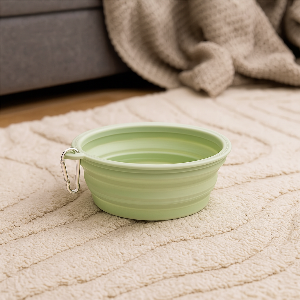 Gamelle pour chien pliante de couleur verte posé sur un tapis de couleur blanc. En fond il ya un canapé de couleur gris avec un couverture grise. Image produit Boutiquechien