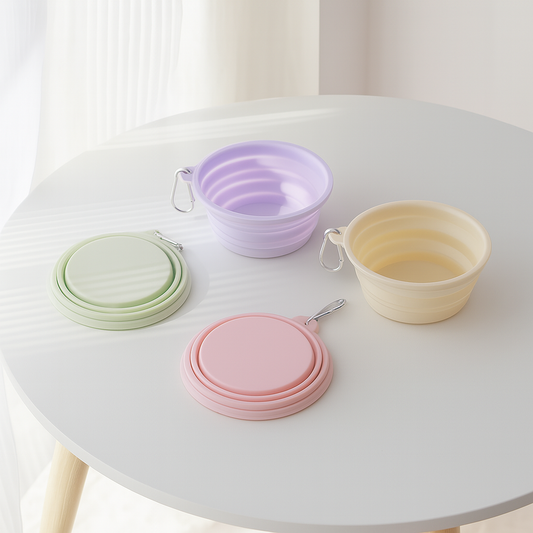 Gamelle pour chien pliante de différente couleur posé sur une table de couleur blanche. En fond il y a un mur blanc et un rideau blanc. Image produit Boutiquechien