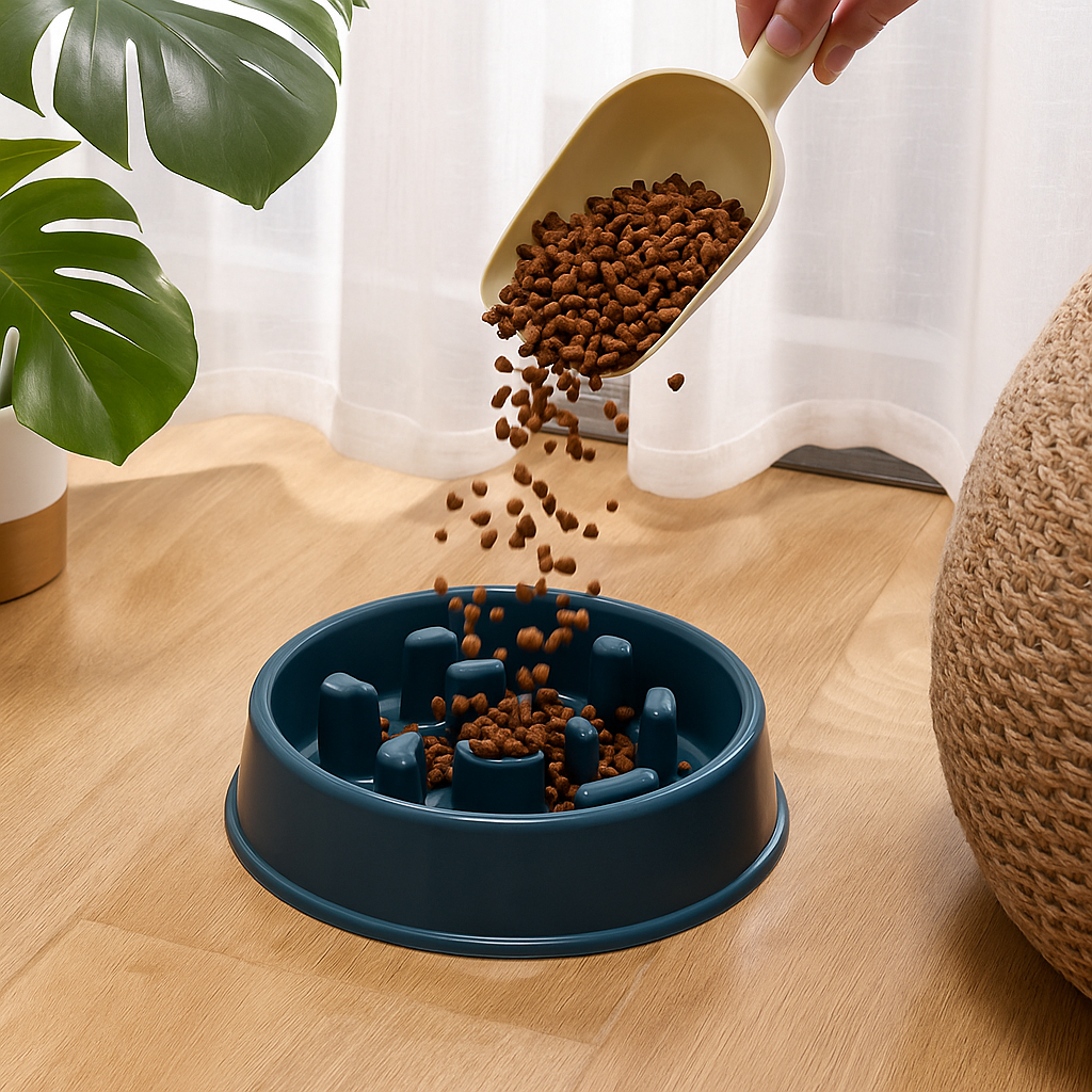Gamelle anti glouton pour chien de couleur vert foncé avec des gamelles qui tombent dedans. En fond il y a une plante verte et un rideau blanc. Image produit Boutiquechien Image