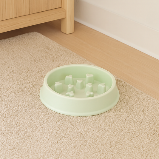 gamelle pour chien anti glouton de couleur vert dans un salon de couleur claire. La gamelle anti-glouton pour chien est sur un tapis de couleur beige. Image produit Boutiquechien