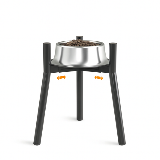 Support de gamelle sureleve de couleur noir avec une gamelle en inox avec des croquettes dedans. image produit Boutiquechien