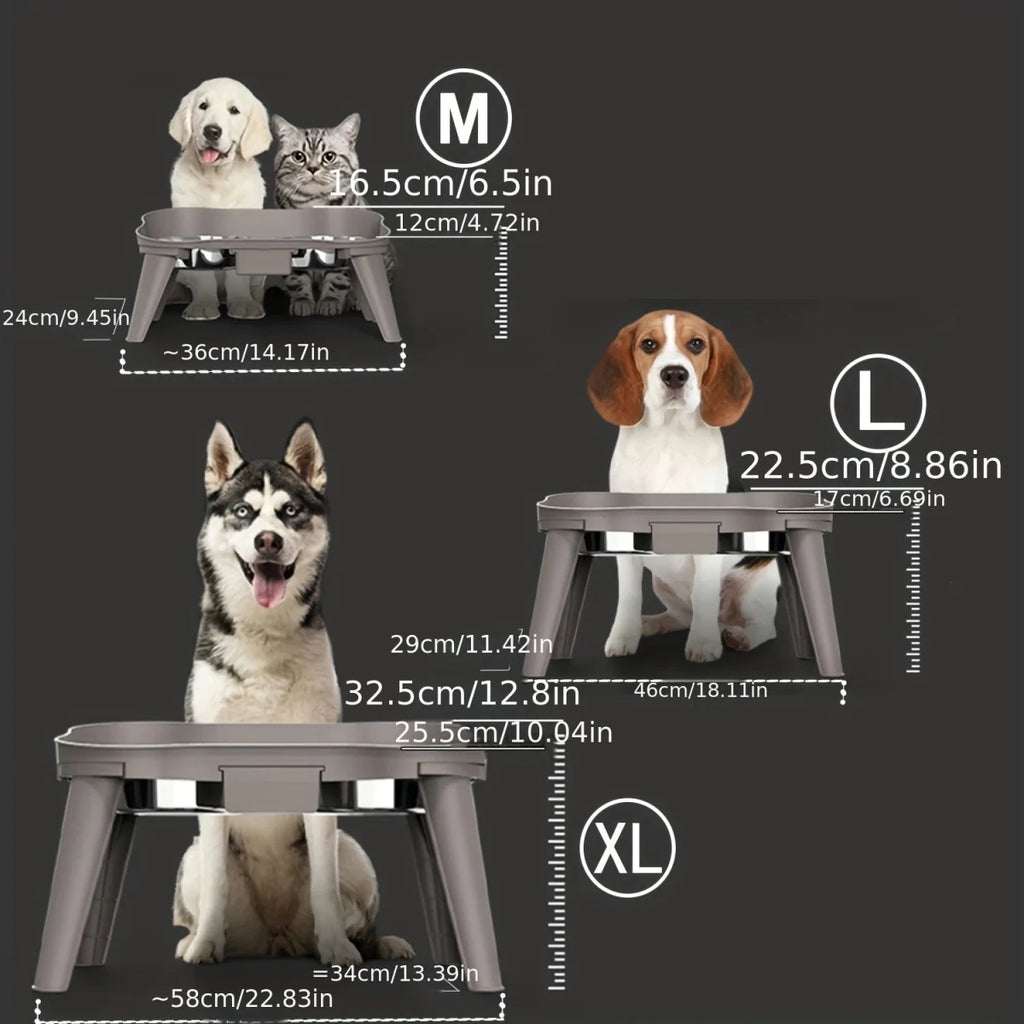 Dimension total de la gamelle double sureleve pour chien de couleur gris. Image produit Boutiquechien