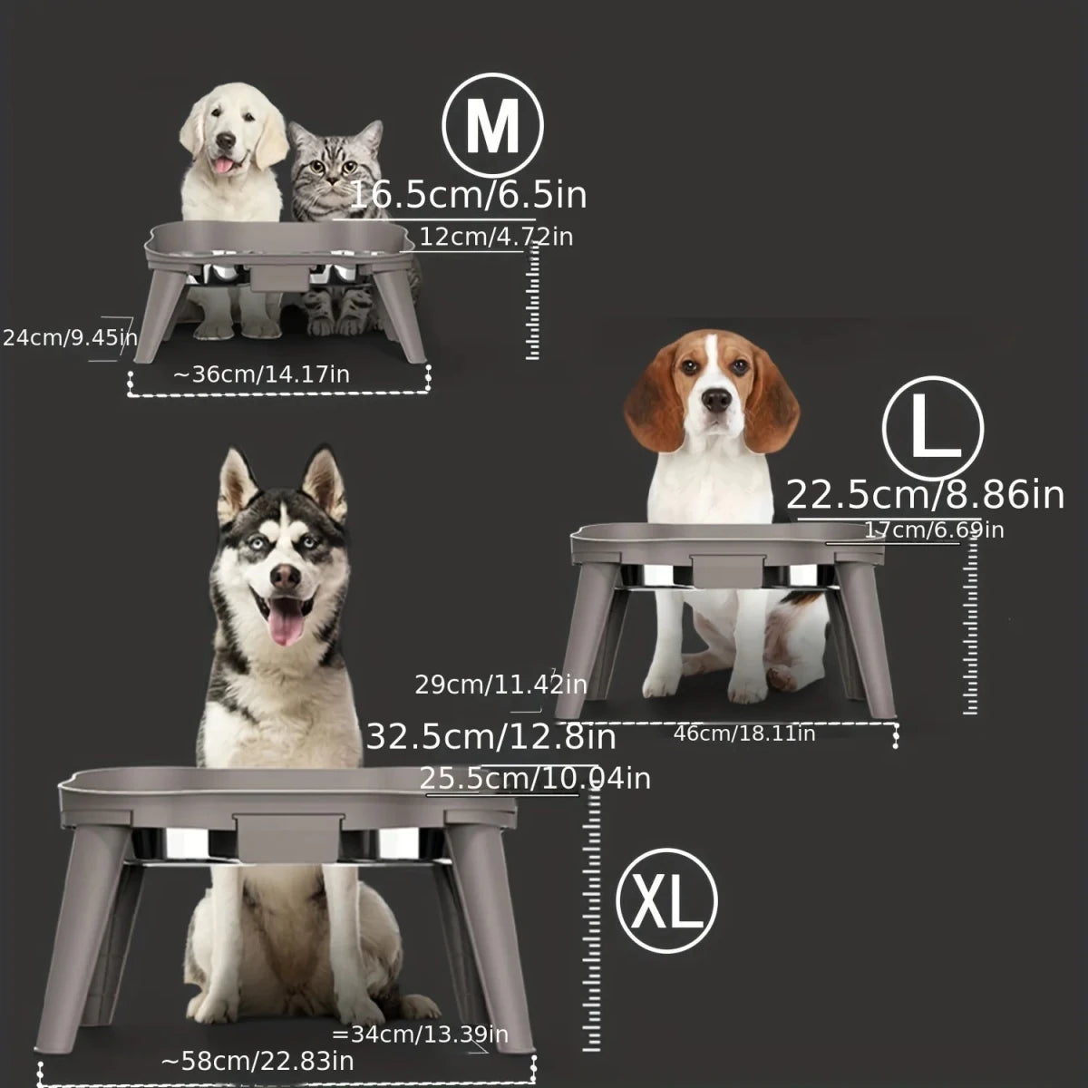 Dimension total de la gamelle double sureleve pour chien de couleur gris. Image produit Boutiquechien