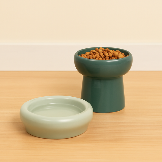 gamelle pour chien en céramique de couleur vert claire et vert foncé avec des croquette dans une des gamelle. Les gamelles sont posé sur un sol en bois avec en fond une tapisserie blanche. Image produit Boutiquechien
