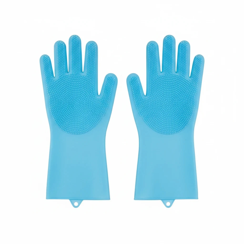 brosse de couleur avec deux gants bleu posé sur un sol de couleur blanc près d'un magasine. Image produit Boutiquechien