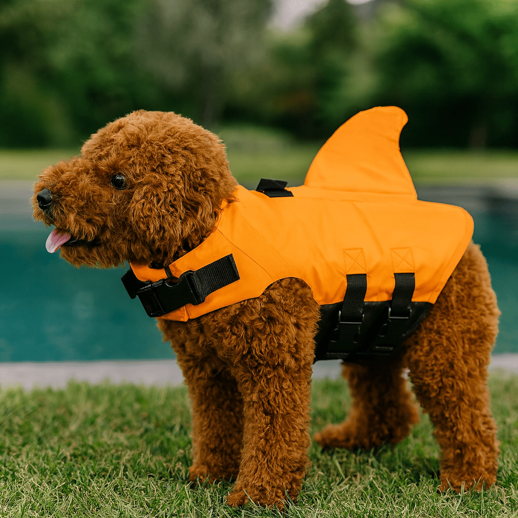 Chien de couleur brun portant un gilet de sauvetage pour chien de couleur orange et noir en forme de requin. Le chien est près d'une piscine. Image produit Boutiquechien 