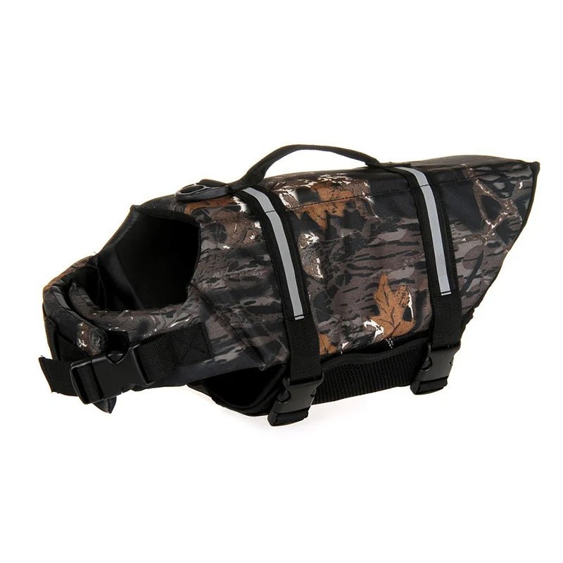 harnais de sauvetage pour chien camouflage feuille. Sur un harnais il y a une poignée de couleur noir avec des sangles noir. Image produit Boutiquechien