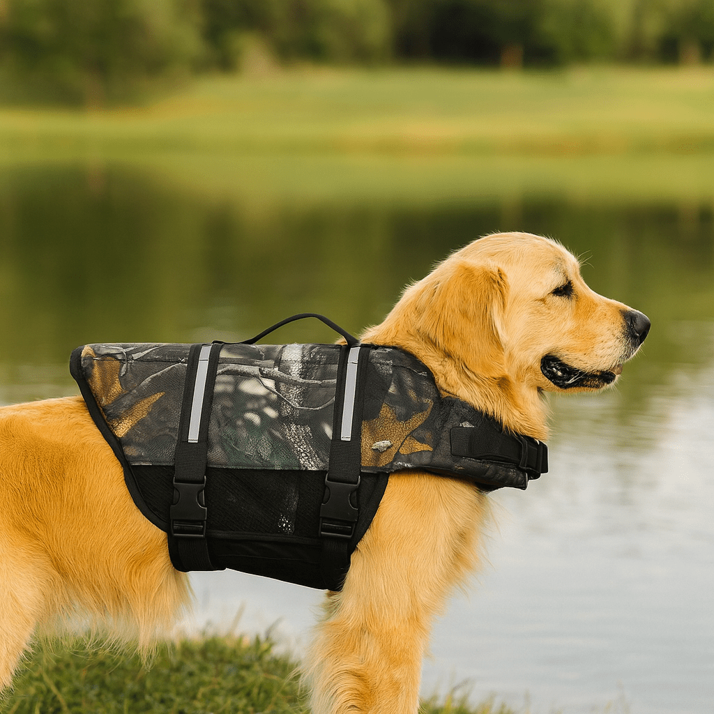Gros chien de couleur claire portant un harnais de sauvetage camouflage près d'un étang. Image produit Boutiquechien