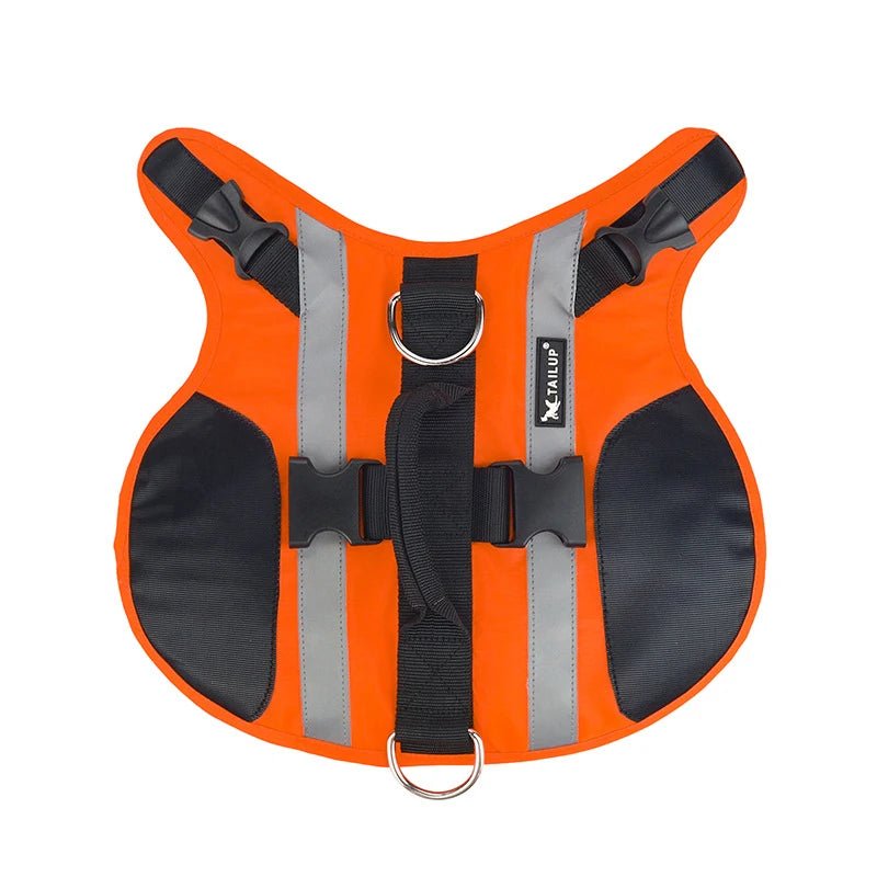 Vue du dessus du gilet de sauvetage pour chien de couleur orange et noir avec rappelle réfléchissant. Image produit Boutiquechien