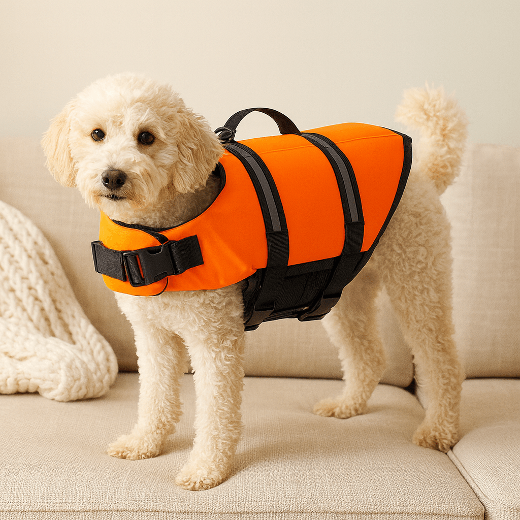 petit chien de couleur blanc portant un Gilet de sauvetage de couleur orange. Le chien est debout sur un canapé de couleur blanc. Image produit Boutiquechien Image