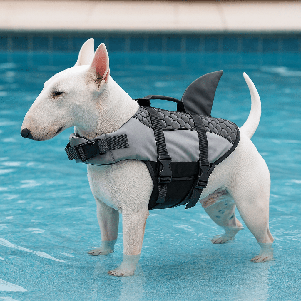chien de petite taille de couleur blanc dans une piscine. Le chien porte un gilet de sauvetage de couleur noir. Image produit Boutiquechien