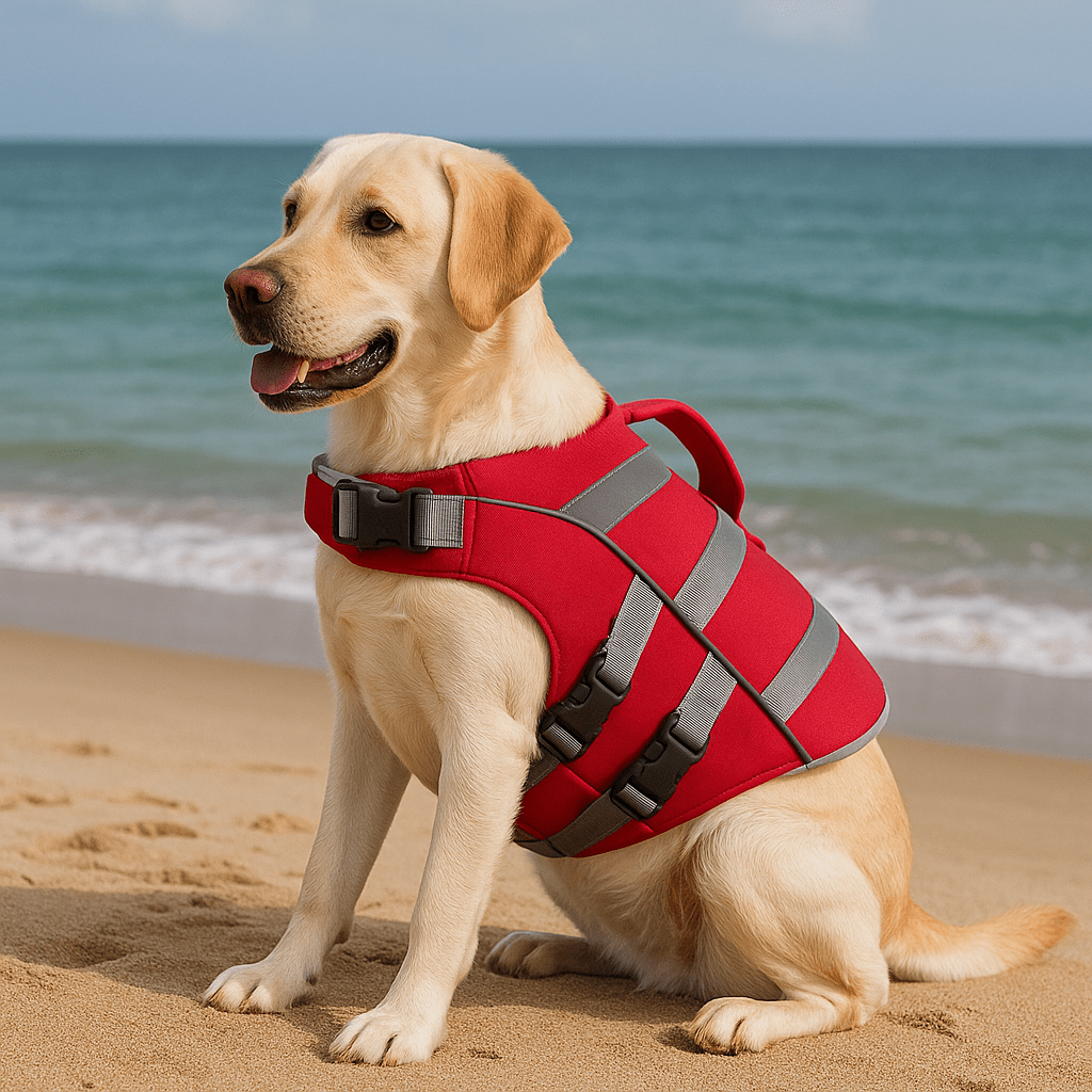Gros chien de couleur blanc assis sur une plage de sable de couleur jaune avec en fond une mer bleu. Image produit Boutiquechien