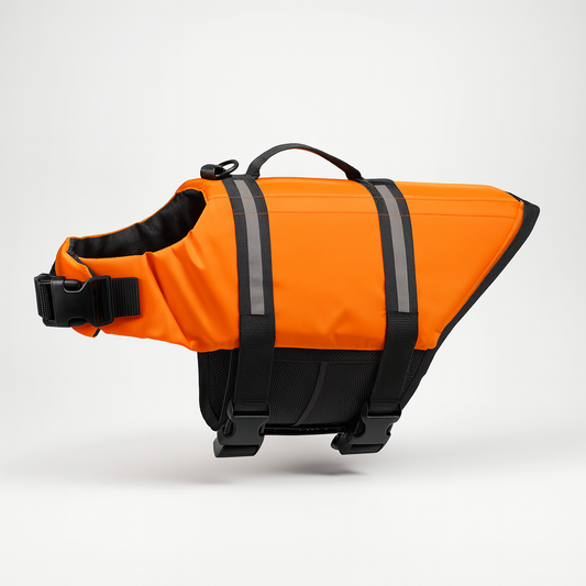 Gilet de sauvetage pour chien de couleur orange et noir dans un fond blanc. Image produit Boutiquechien