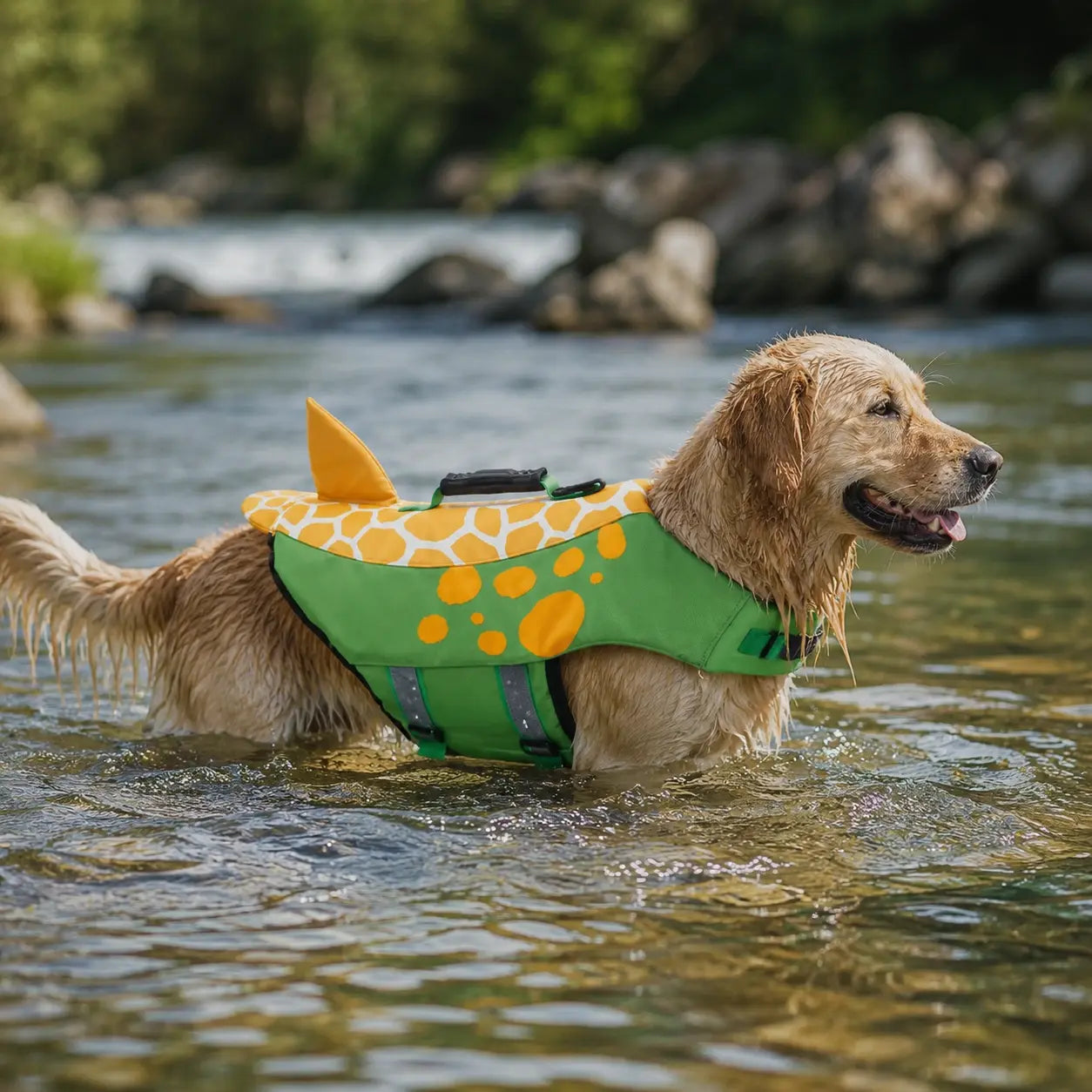 grand golden retriever se baignant dans une rivière avec un gilet de sauvetage pour chien Image