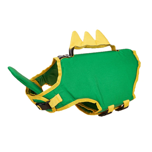 Gilet de sauvetage pour petit chien avec une forme de dinosaure de couleur vert et jaune. Image produit Boutiquechien