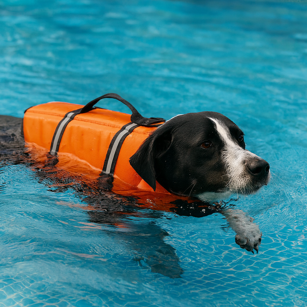 gilet de sauvetage pour chien de couleur orange sur un chien noir et blanc se baignant dans une piscine. Image produit Boutiquechien Image