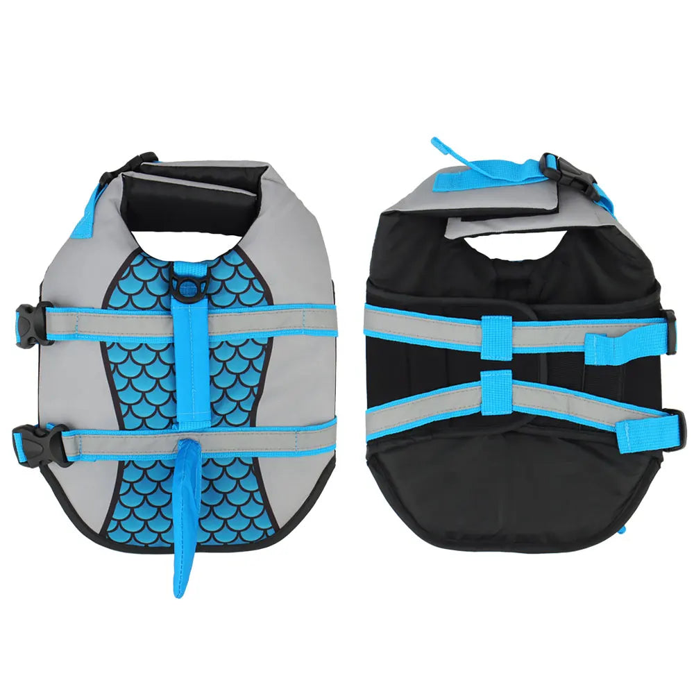 gilet de sauvetage pour les chiens de couleur bleu et gris avec une vue du dessus et du dessous. Image eproduit Boutiquechien