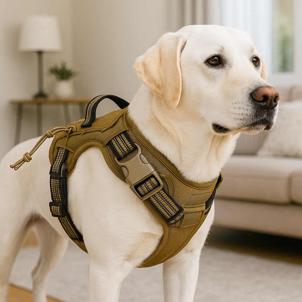 golden retriever de couleur blanc avec un harnais chien résistant et durable dans un salon de couleur claire. En fond il y a un canapé blanc et une lampe. Image produit Boutiquechien Image
