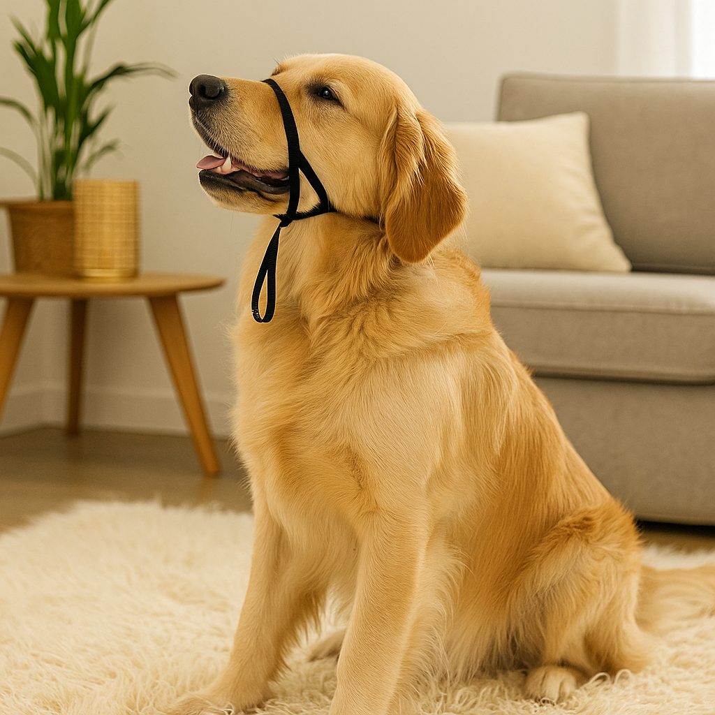 Golden retriever de couleur blanc assis sur un tapis de couleur blanc. Le chien porte un licol chien de couleur noir. En fond il y a un canapé gris et une table basse avec des plantes. Image produit Boutiquechien Image