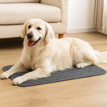 Golden retriever de couleur blanc couché sur un tapis de couleur gris absorbant avec en fond un canapé de couleur blanc. Image produit Boutiquechien
