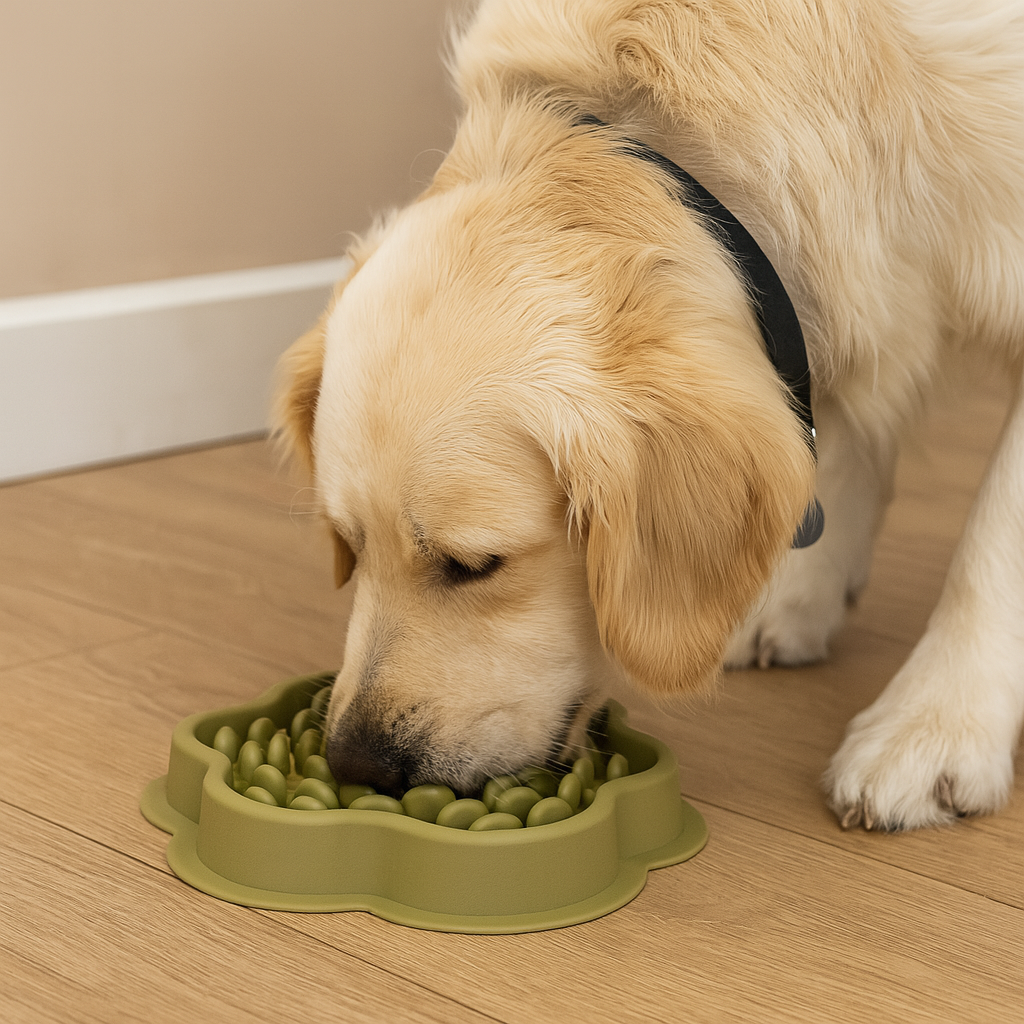 Gros chien blanc mangeant dans une gamelle en silicone anti glouton et anti dérapant. Le produit est posé sur un sol en bois. Image produit Boutiquechien  Image