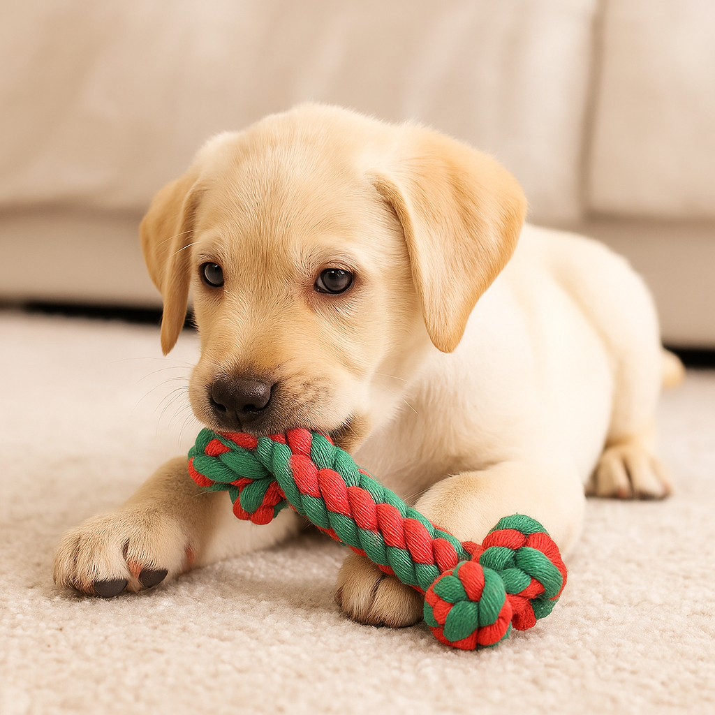 Golden retriever de couleur blanc jouant avec l'os en corde résistant de couleur rouge et vert. Le chiot est couché sur un tapis blanc avec en fond un canapé blanc. Image produit Boutiquechien Image