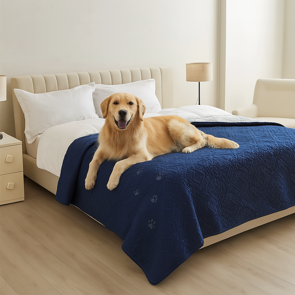 golden retriever de couleur blanc couché sur un lit de couleur blanc. Le chien est couché sur une protection de lit de couleur bleu pour chien. Image produit Boutiquechien Image