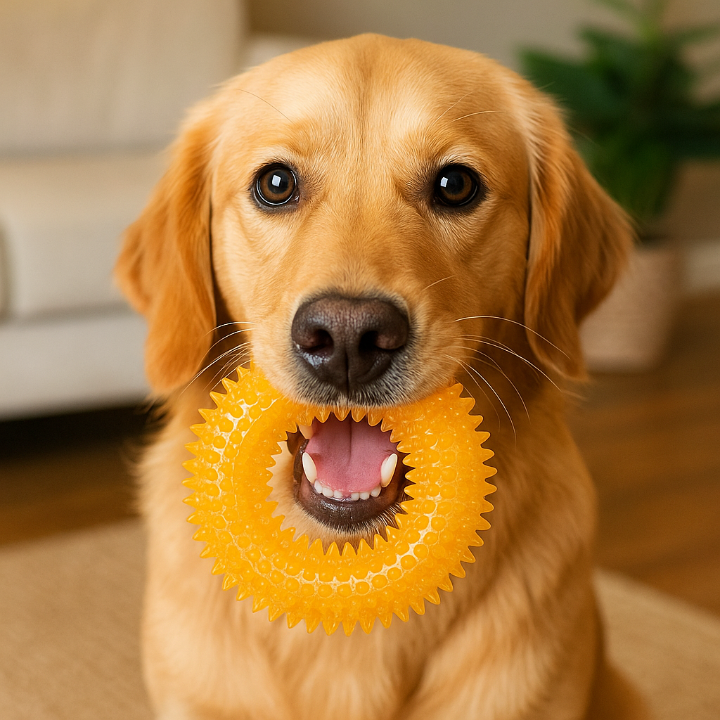 jouet chien à mâchouiller orange en forme d'anneau avec des pointes. Le chien est dans un salon de couleur claire avec en fond un canapé blanc et une plante verte. Image produit Boutiquechien Image
