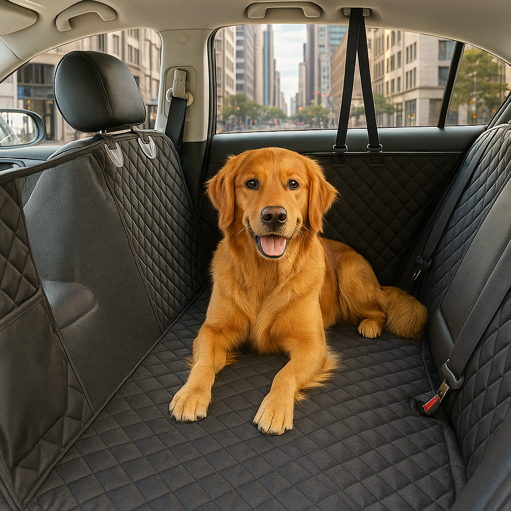 Golden retriever de couleur burn couché dans une voiture avec be proetcion de siège de couleur noir. La voiture est dans une grande ville. Image produit Boutiquechien Image