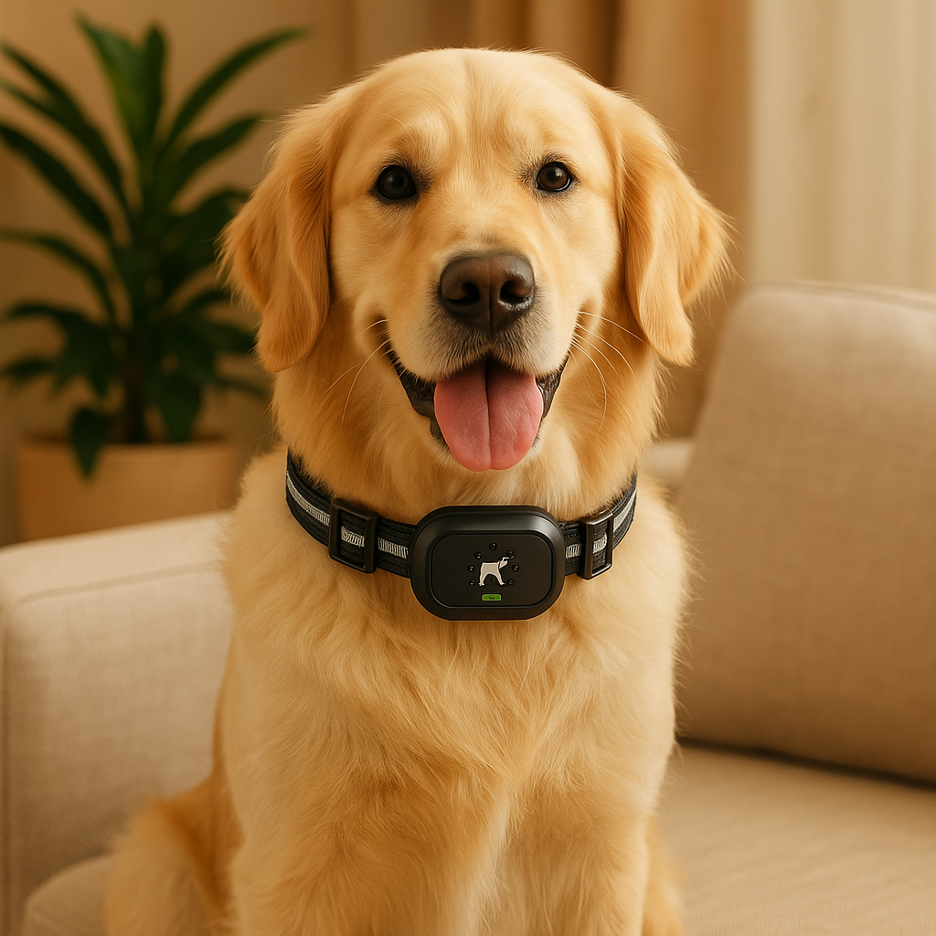 Golden retriever de couleur blanc portant le collier chien d'éducation dans un salon de couleur claire. Image produit Boutiquechien
