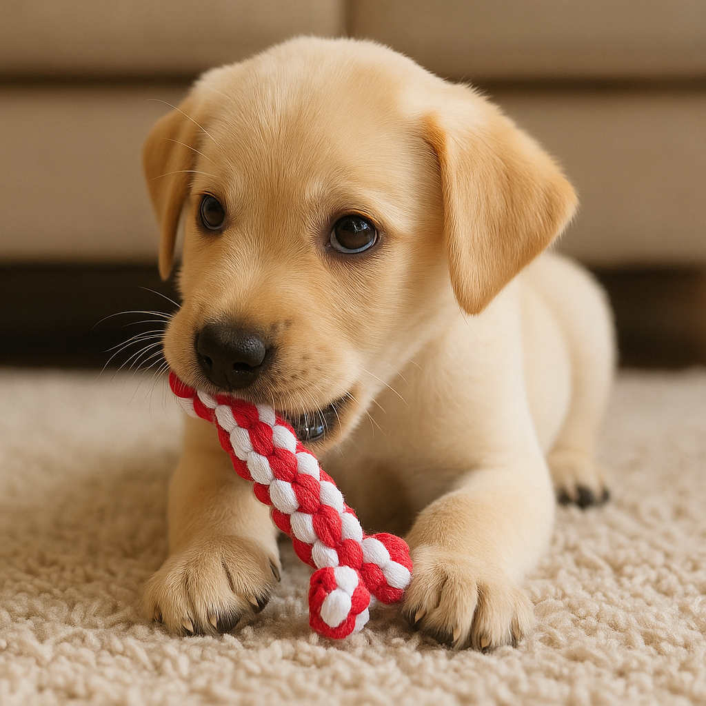 Golden retriever de couleur blanc jouant avec son os de couleur de couleur rouge et blanc. En fond il y a un canapé de couleur blanc. Image produit Boutiquechien