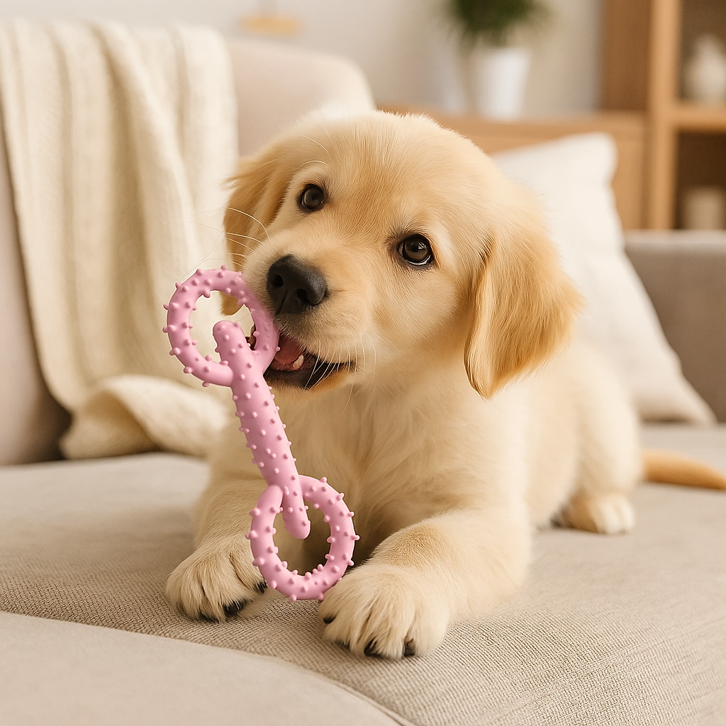Chiot golden retriever de couleur blanc jouant avec son à mâchouiller de couleur rose. Le chiot est couché sur le canapé de couleur gris dans une chambre de couleur claire. Image produit Boutiquechien 