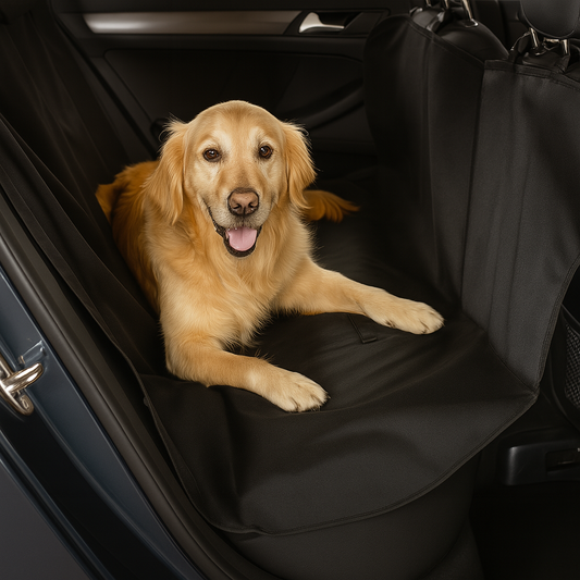 golden retriever de couleur claire couché sur la protection siège pour chien de couleur noir dans une voiture noir. Image produit Boutiquechien