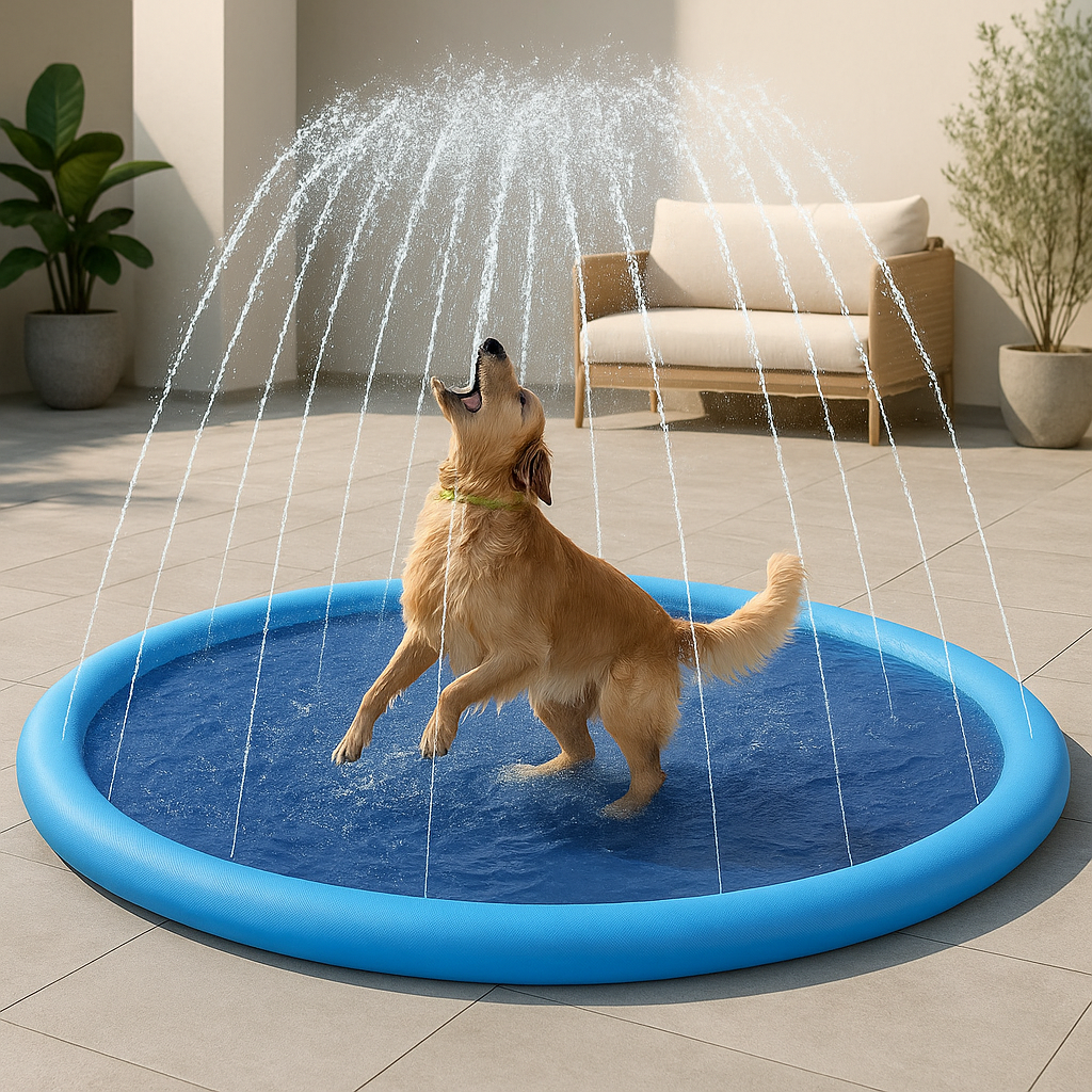 Golden retriever blanc jouant avec son tapis à jet d'eau de couleur bleu. Le tapis joue sur une terrasse de couleur claire. Image produit Boutiquechien Image